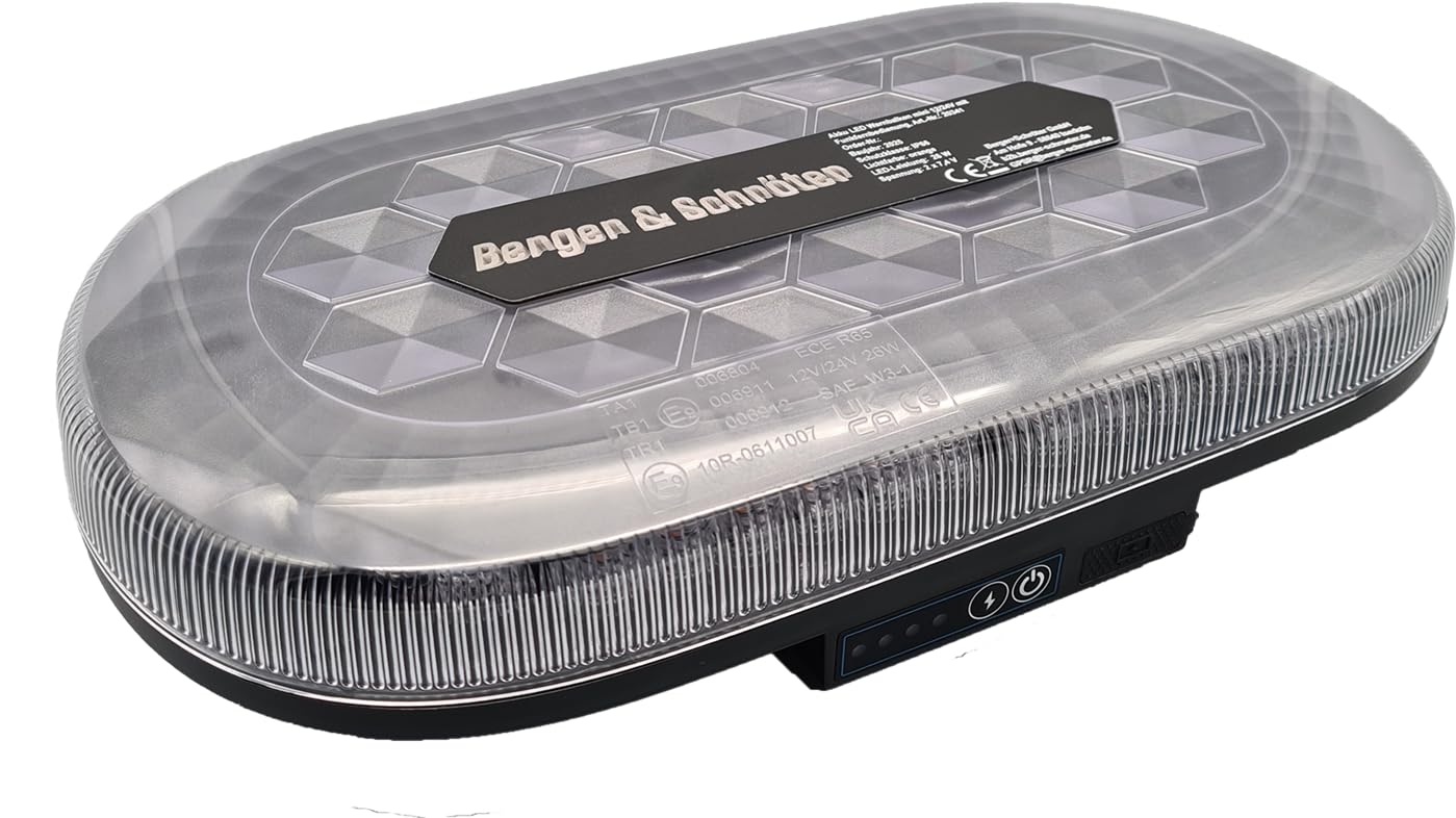 Berger & Schröter | Akku LED Mini Warnbalken magnetisch, 12/24 V Warnlicht, Fernsteuerung per Funkfernbedienung, 4000 mAh, 7 Blitzmuster, wiederaufladbare Warnleuchte für Auto, LKW, Traktor, SUV