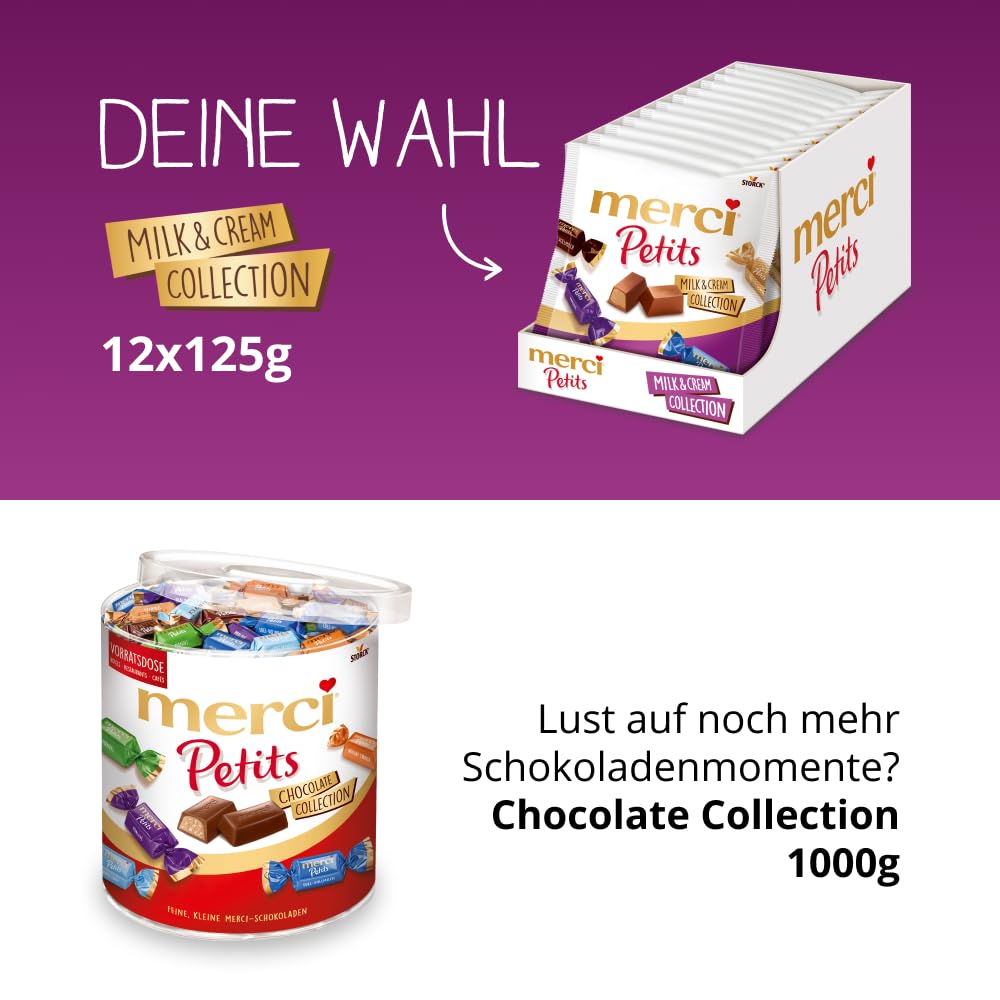merci Petits Milk and Cream Collection – 2 x 12 x 125g (24 x 125g) – Pralinen-Mix aus nicht gefüllten und gefüllten Schokoladen-Spezialitäten – Schokopralinen einzeln verpackt