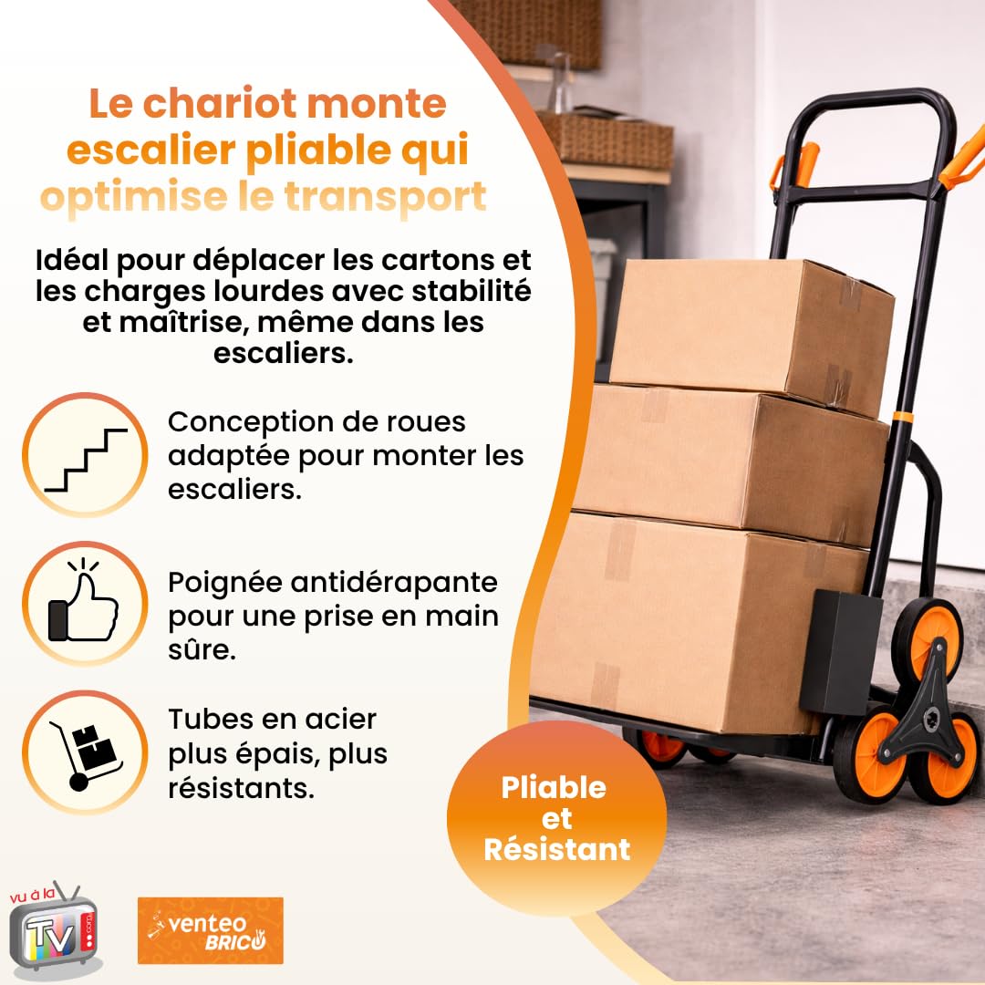 Venteo | Chariot Pliable Monte Escalier | Diable de Transport avec Plateforme Antidérapante | Diable Pliant à Roues Triples | Forte Capacité de Charge et Rangement Optimisé | Colis de Déménagement