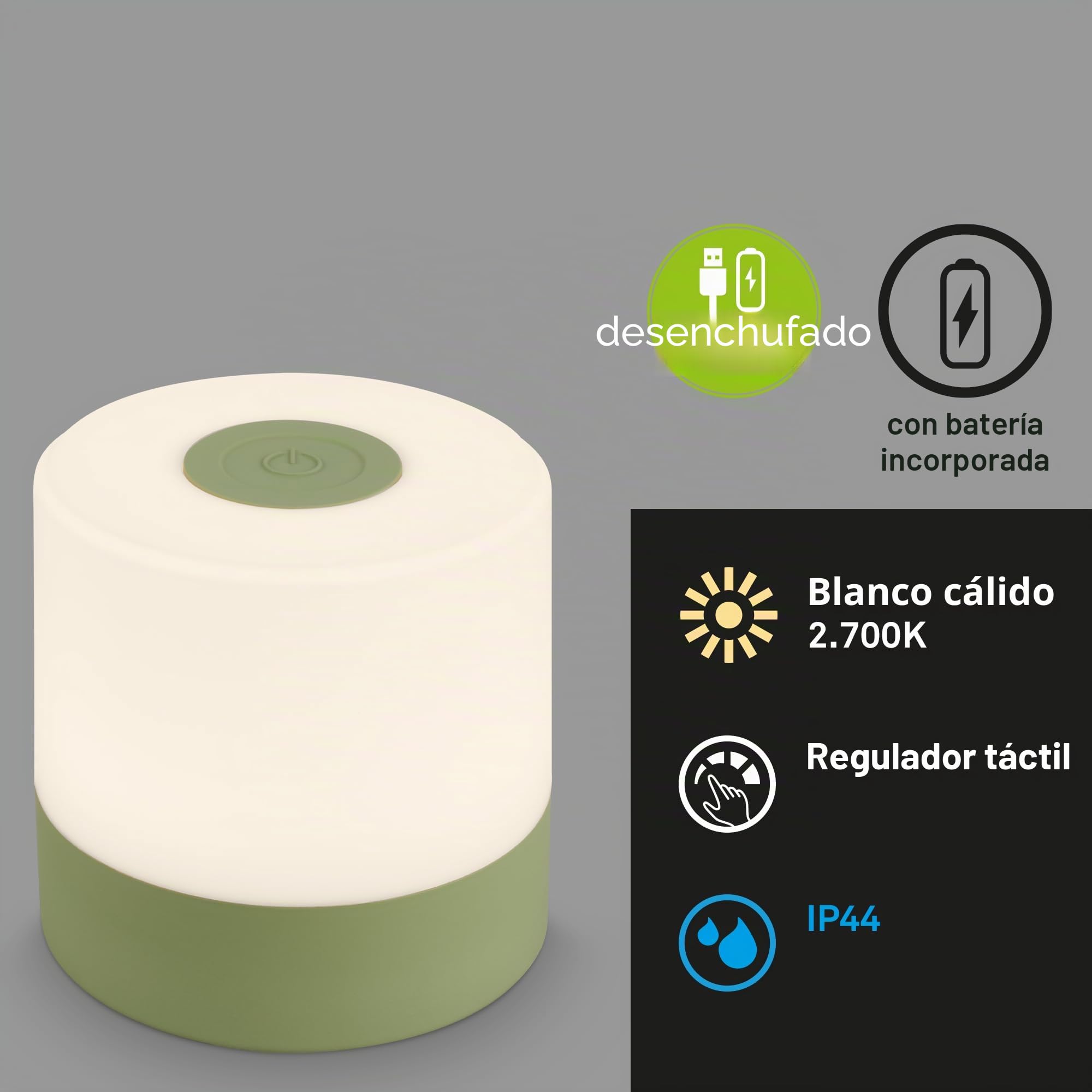 Briloner - Mini Lámpara de Mesa LED Inalámbrica, Lampara de Mesa Recargable, Lampara para Mesita, USB-C, Luz Blanca Cálida, 7x7 cm, Lampara LED Recargable, Lamparas Tactiles sin Cable, Color Verde