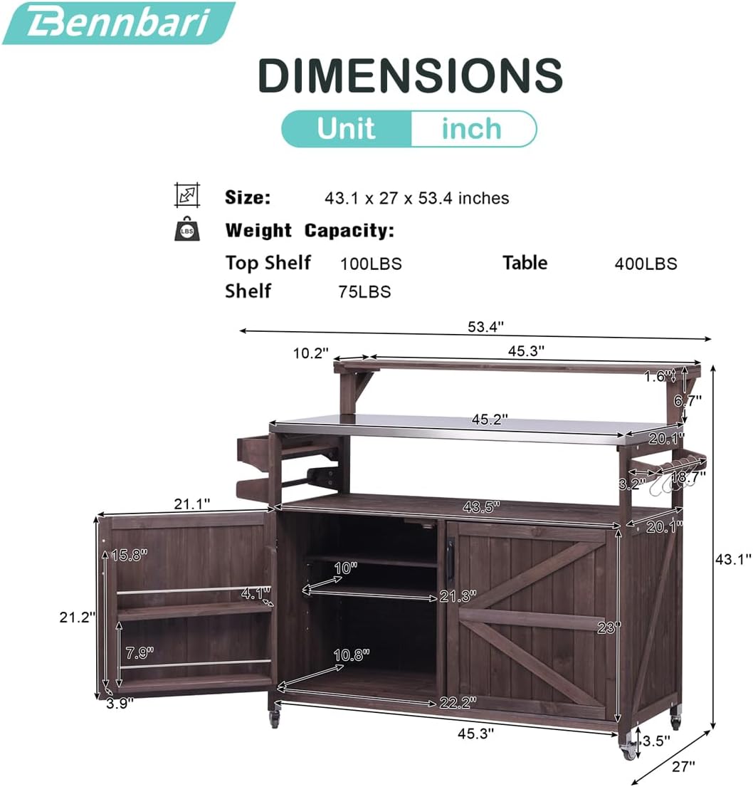 Outdoor Grill Cart with Storage Cabinet and Raised Shelf, Rolling Wood Outdoor Kitchen Island with Stainless Steel Top, Movable Grill Table for BBQ with Spice and Towel Rack (Brown)