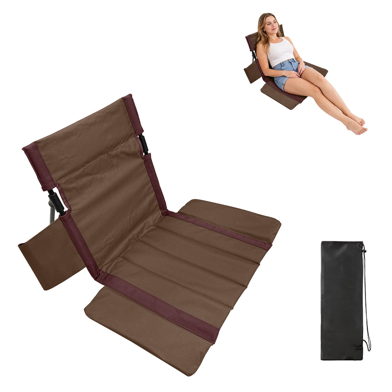 Strandstuhl mit Rückenlehne gepolstert bequem, Klappstuhl faltbar leicht Bodenstuhl, Sitzkissen Outdoor aus 600D Oxford Gewebe stabil langlebig, Strandliege Campingstuhl für Strand Garten, Braun