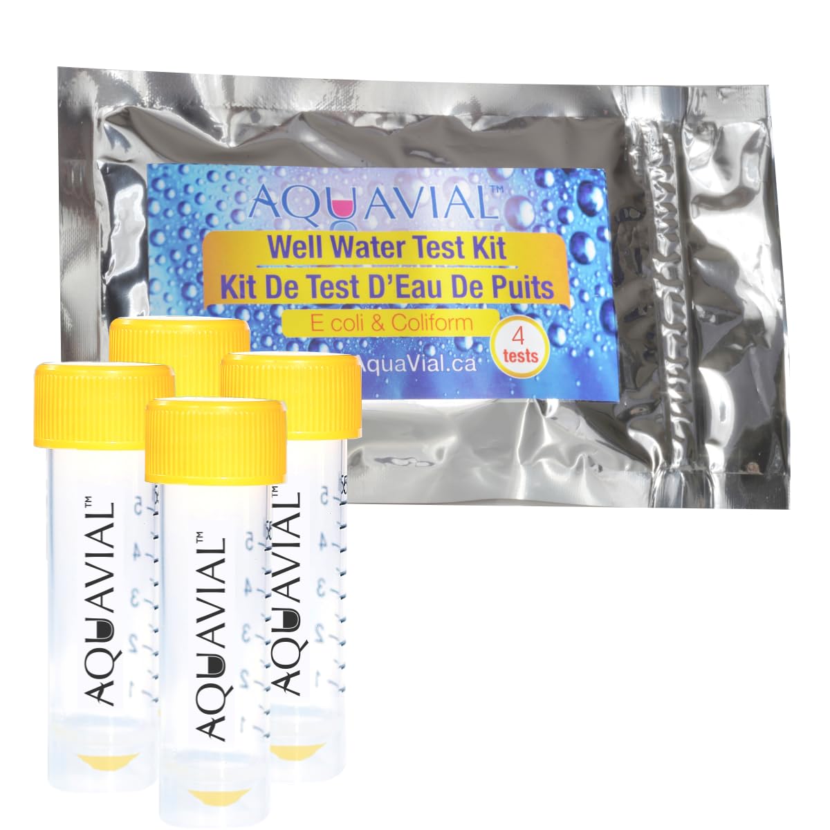 AquaVial | Water Test Kit | Detect E.Coli & Coliform | Use in Drinking Water, Wells, Pools, Hot Tubs or During Travels | 4 Pack