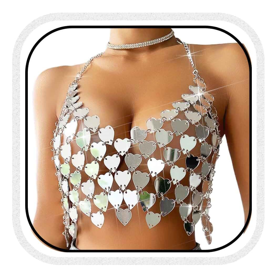 BODIY Women Sequin Body Chain Top Sliver Sparkly Dots Disco Halter Bra Chain Tops Nightclub Hearts Chain Crop Top