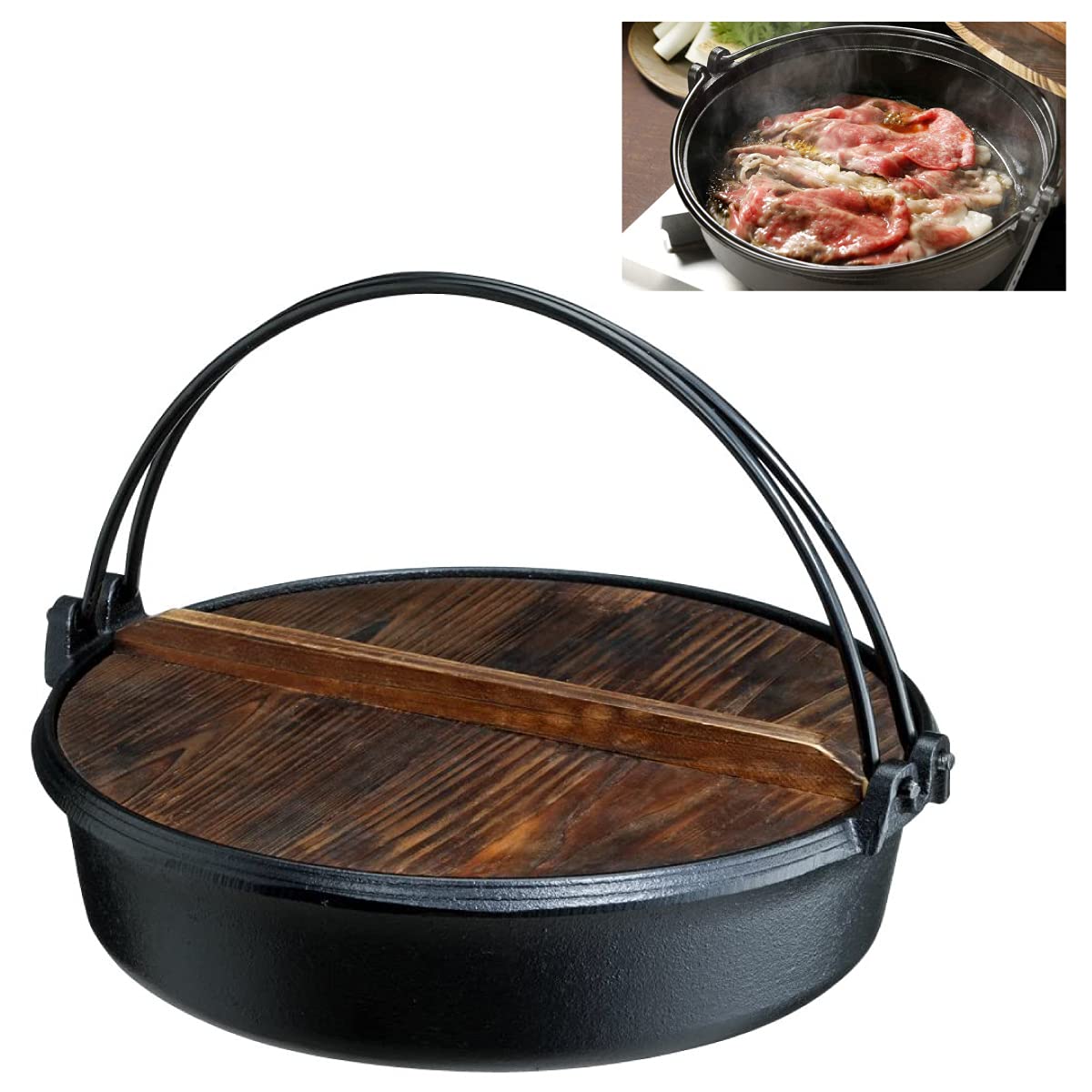Amazon | すき焼き鍋 26cm 2-3人用 イニコライフ 本格 鉄鋳物製 木蓋