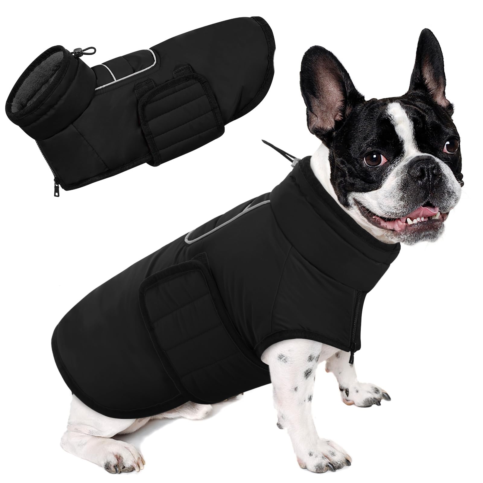 AOFITEE Small Dog Winter Coat, Waterproof Puffer Jacket With Harness Hole & Fleece Collar, Reflective Warm Snowsuit for Chihuahua, Yorkshire, Dachshund, Black S