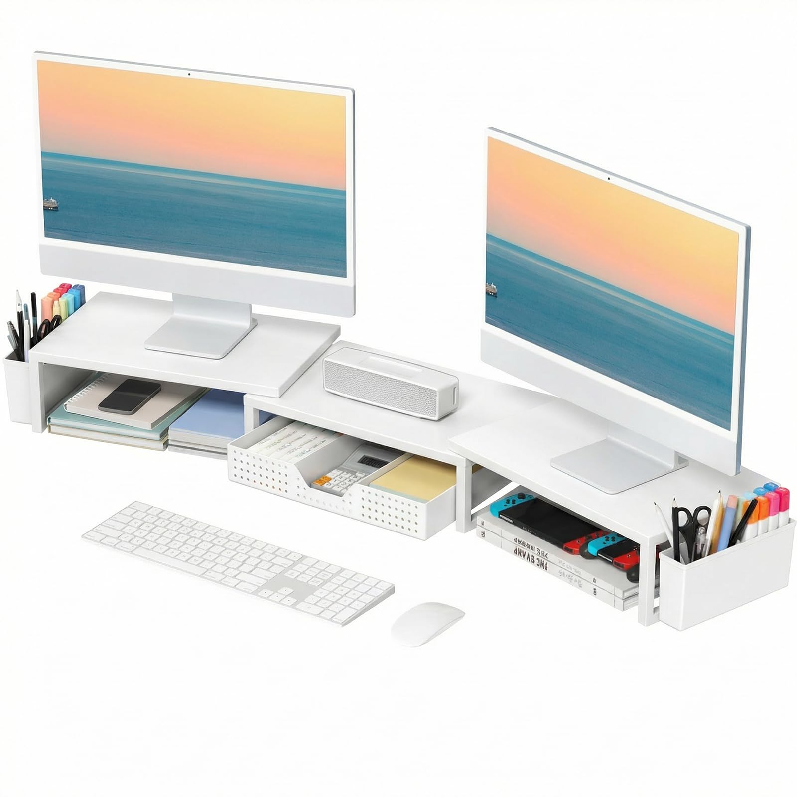 OPNICE Desk Organizers and Accessories, Dual Monitor Stand Riser with Drawer and 2 Pen Holders, Desk Shelf Metal Computer Racks for Office Workspace
