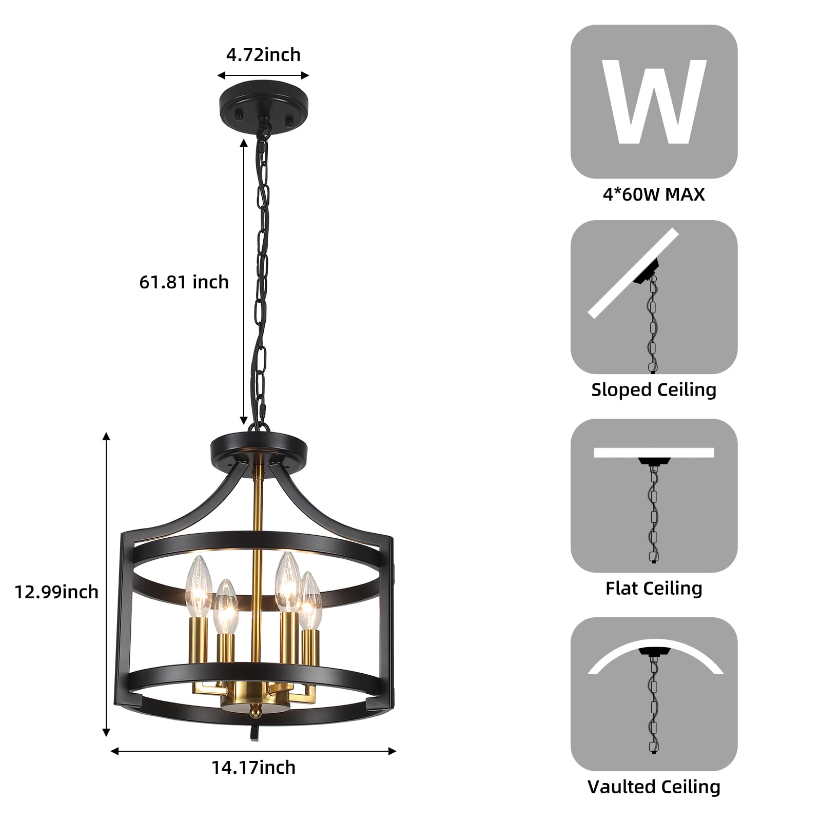 Hikyskin LXWNYY 4 Luces Lámpara de Techo Colgante Rústica Color Negro,Lámparas de Araña de Granja,Lampara de Techo Moderna Lámparas de Techo Semiincrustadas para Cocina,Comedor,Pasillo,Entrada