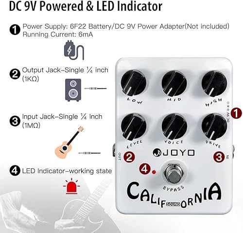 Miniatura 135 de JOYO Pedal de distorsión de alta ganancia de AC/DC Crunch a Heavy Metal con ecualizador de rango completo para efecto de guitarra eléctrica - Bypass