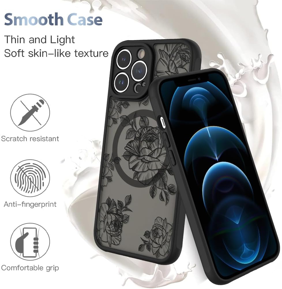 AIGOMARA Case for iPhone 12 Pro Max [Compatible with MagSafe] Black Flower image 5