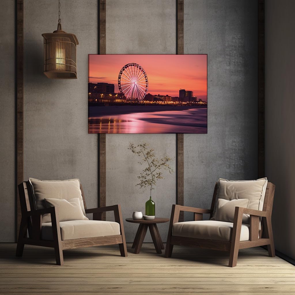 Canvas for Living room. Dusk's Splendor by the Sea: A Ferris Wheel's Glow Meets Serene Shores, 27 x 18 inch Canvas Wall Art - Contemporary Masterpieces - Modern Home Decor