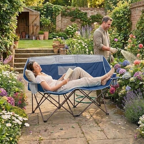 Image of SunnyFeel Double Camping Loveseat Chair, Blue-Cooler, Foldable, Portable, Space Saving, Side Pocket, Cup Holders