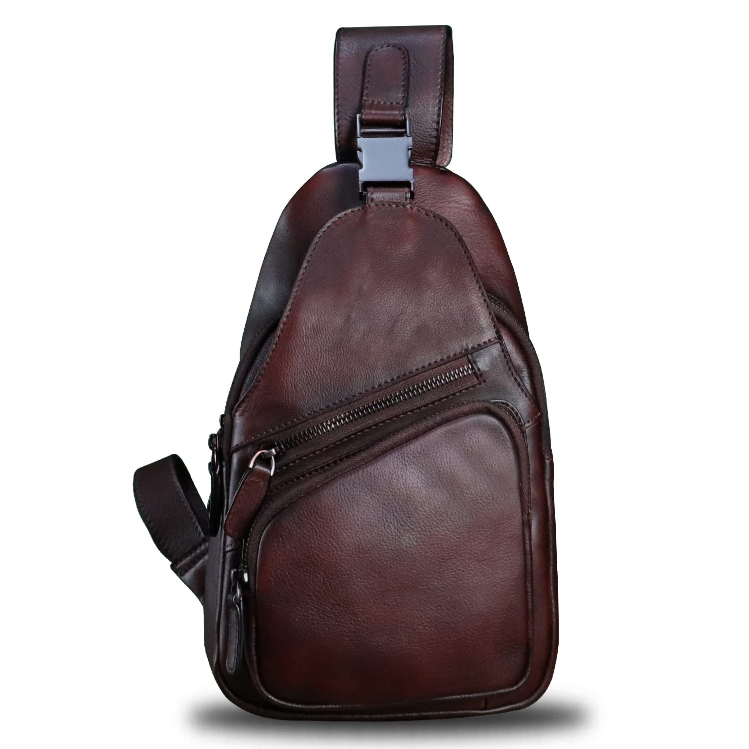 LRTO Genuine Leather Sling Bag Crossbody Purse Handmade Hiking Daypack Motorcycle Bag Retro Shoulder Backpack Vintage Chest Bag (Coffee)