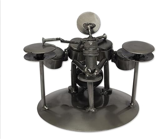Miniatura 3 de NOVICA Estatuilla del músico de las piezas de automóvil recicladas rústicas, baterista rústico