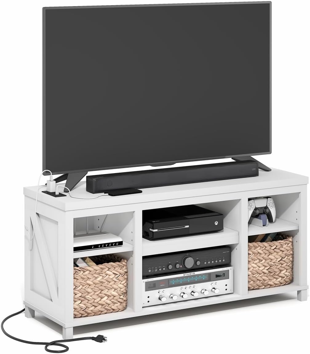 Furinno Farmhouse TV Stand, Entertainment Center, TV Console for TV up to 55 Inch with USB Ports & Power Outlets and Storage, for Living Room, Bedroom, White