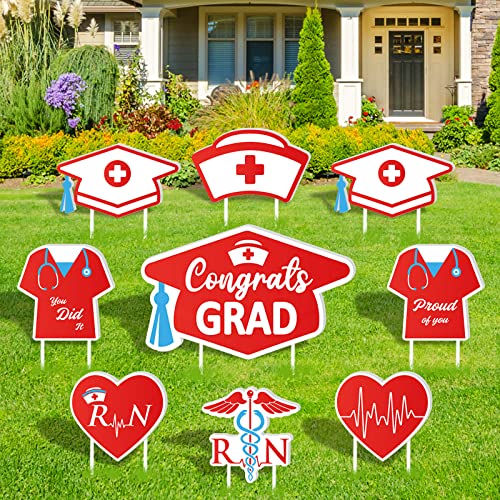 AnyDesign 9 Pcs Nurses' Day Yard Signs with 18 Pcs Stakes Grad Cap Nurse Cap Lawn Sign Waterproof Grad Decorations for Medical Nursing Graduation Party Lawn Decor Party Supplies
