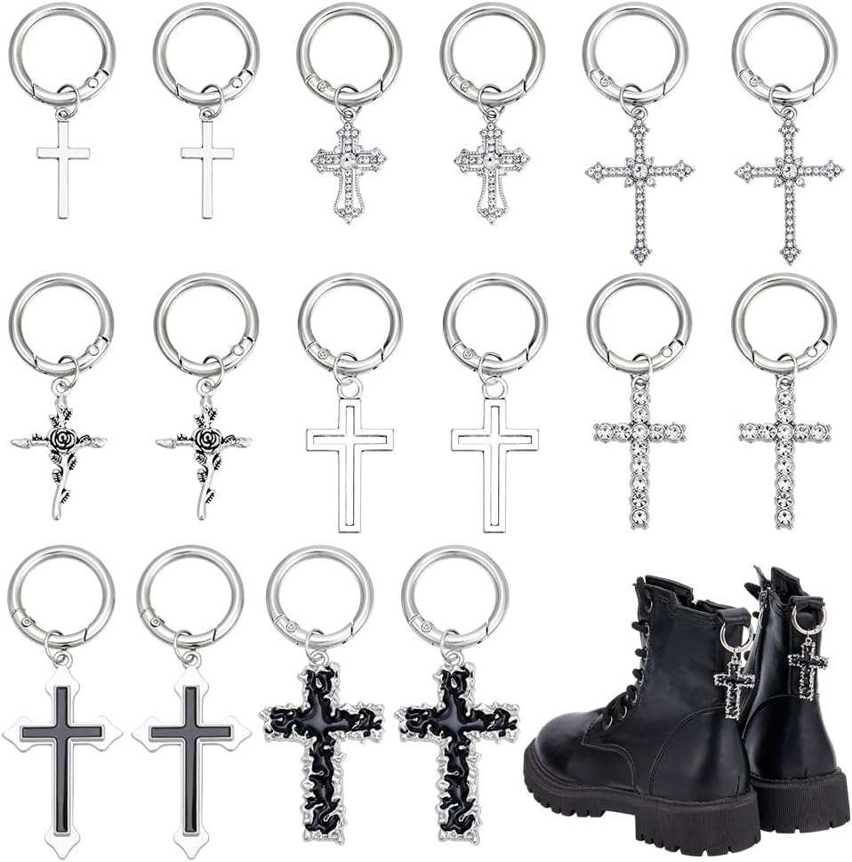 16 Pcs 8 Styles Silver Cross Boot Charms Gothic Boot Heel Pendants Cross Rose Rhinestone Shoe Charm with Spring Ring for Daily Outfits Goth Cosplay Party Easter Decoration