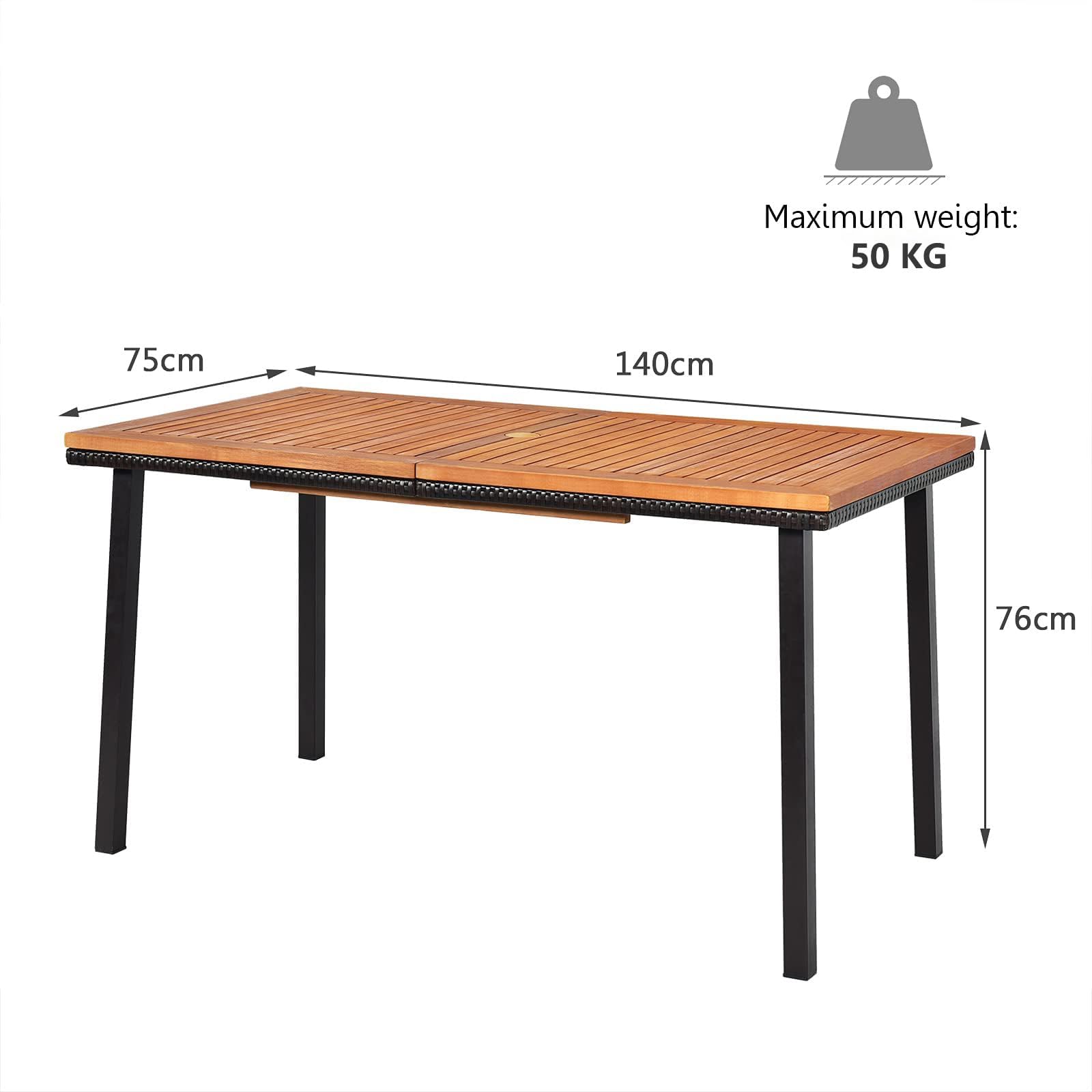 RELAX4LIFE Tavolo da Giardino in Legno di Acacia con Foro Ombrellone 6 cm, Gambe in Metallo, per 6 Persone, Design a Doghe per Esterno, Terrazza, Patio, Portata 50KG (140x75x76cm, Rettangolare)