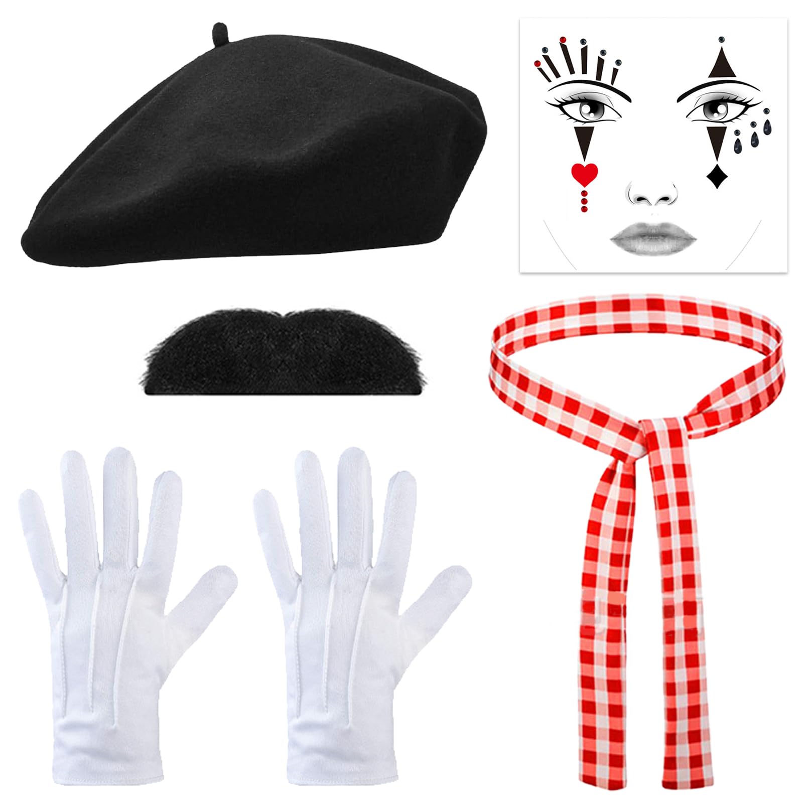 6 pcs Mime Costume, Fancy Dress Costume, set includes black beret, red scarf, white gloves, face tattoos and black moustache, themed festive dress up