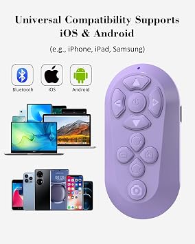 Bluetooth Remote Controller for TikTok Scrolling/Camera/Video Recording/Kindle App Compatible with iOS/Android (Light Purple)