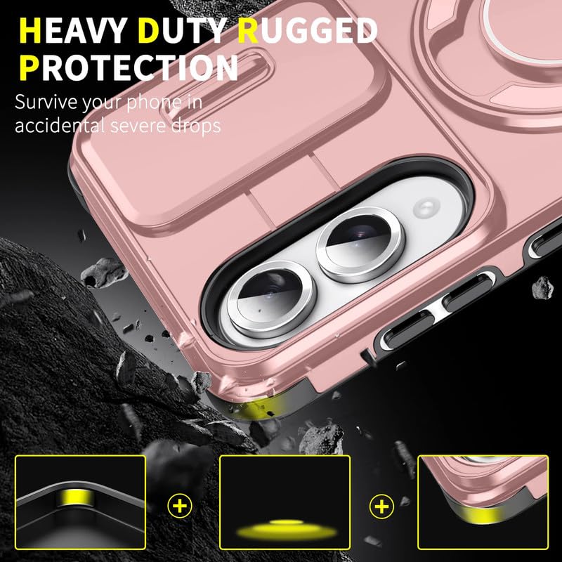 Image of LuxuryKase Shockproof Rugged Case for Samsung Galaxy S25 Edge | Slide Camera Cover | 360 Rotating Ring Kickstand | Military-Grade Protection - Rose Pink