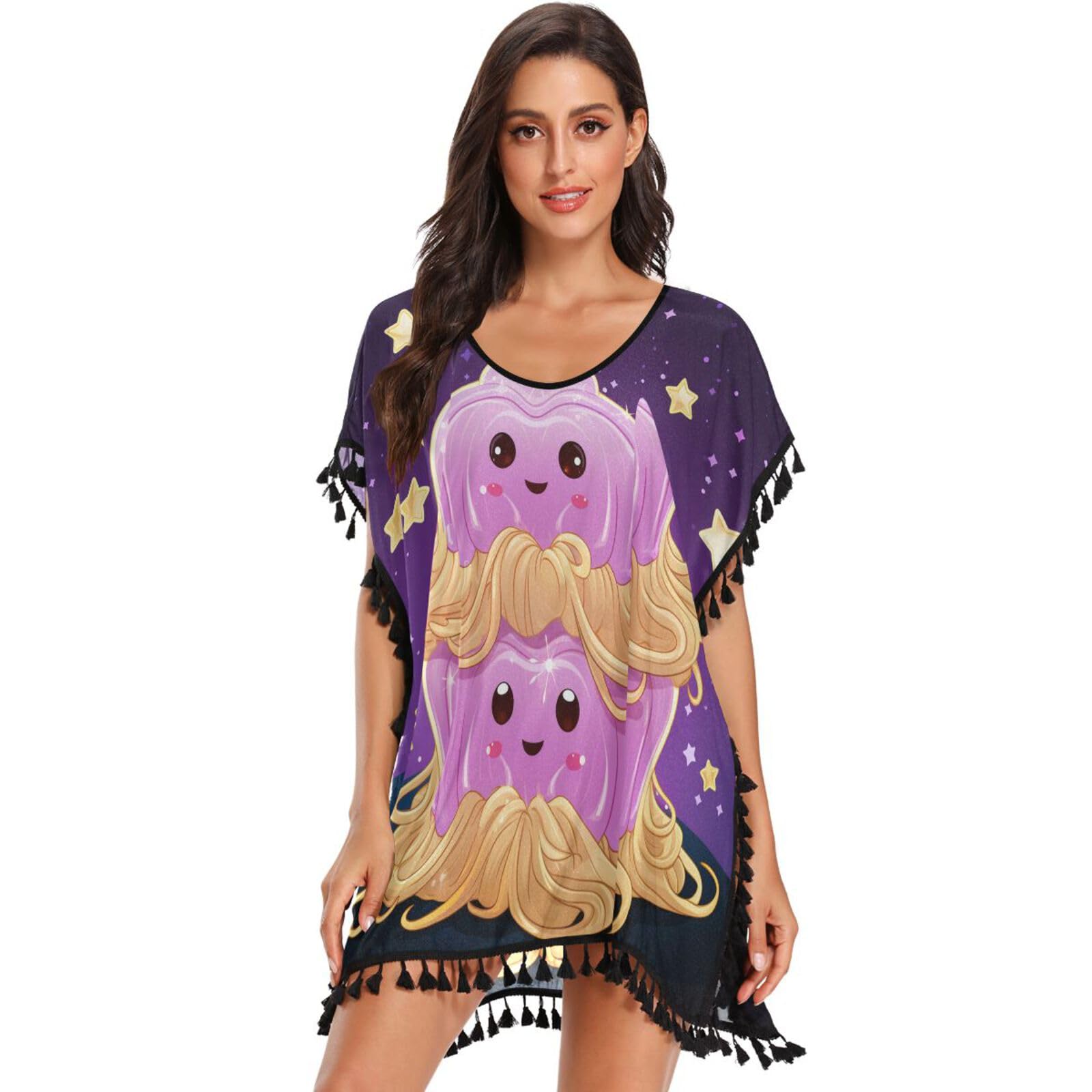 Doodle Art Cute Jellyfish Women's Beach Cover Up Chiffon Tassel Swimwear Swimsuit Coverups for Girl