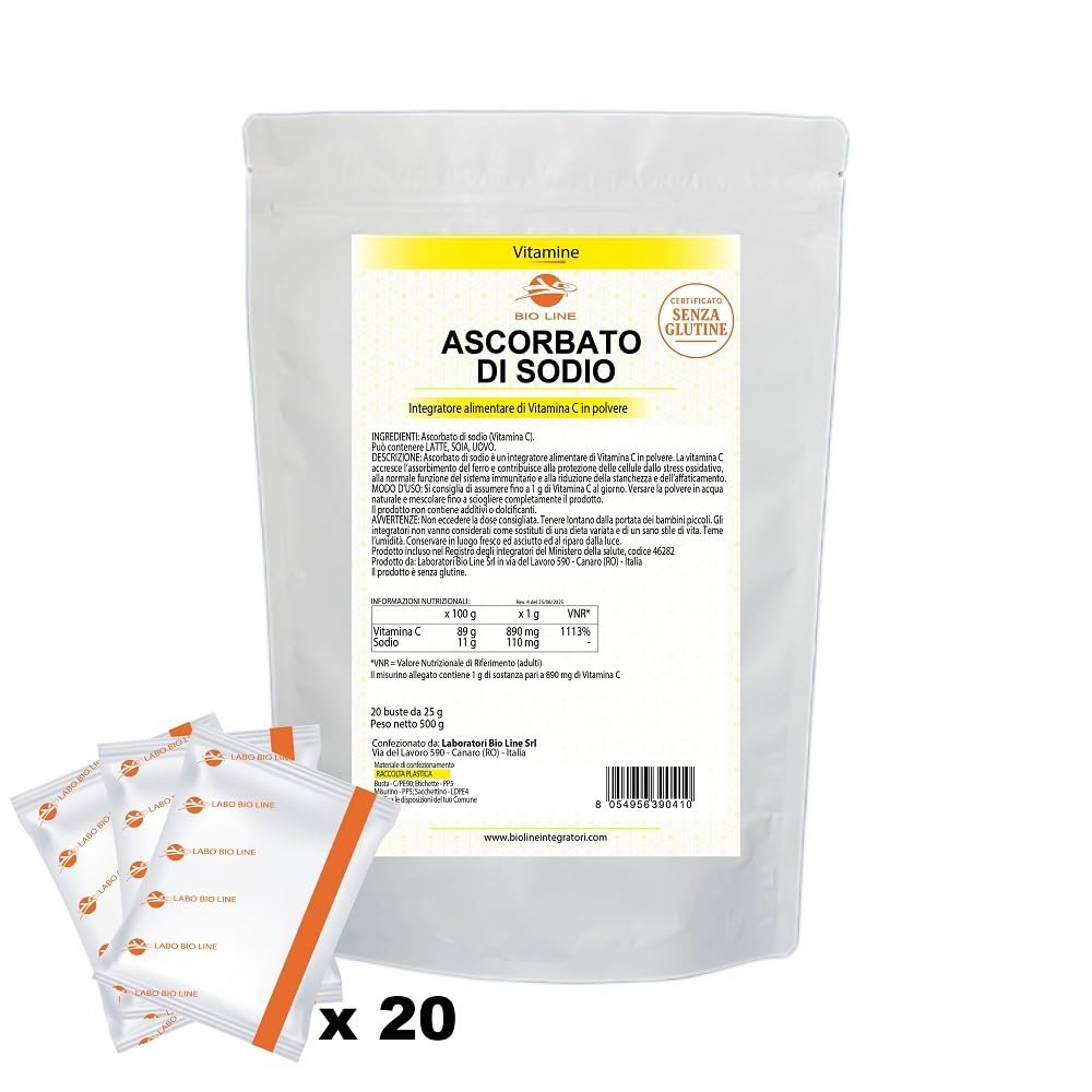 Bio Line Ascorbato di Sodio - Vitamina C Polvere Pura 500 g (20 Bustine da 25 g) Integratore Difese Immunitarie con Elevata Concentrazione di Antiossidanti, Integratori Alimentari Made in Italy