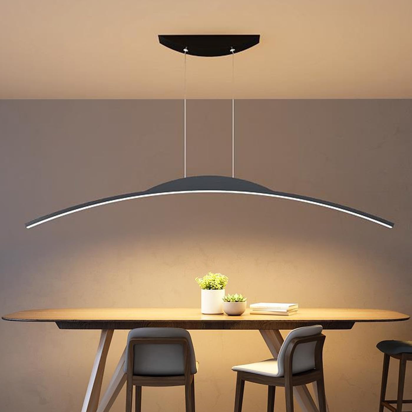 LFLA Modern LED Pendant Lamp Arc Design Dining Table Pendant Light Dimmable with Remote Control LED Hanging Lamp Adjustable Height Chandelier for Dining Room Kitchen Office (Black, L150cm)
