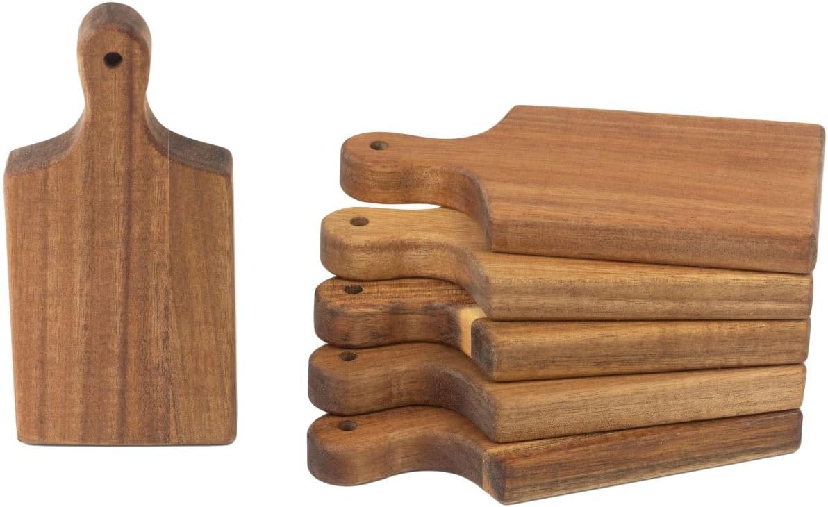 Mini Charcuterie Boards – Set of 6 Acacia Wood 5.9″ × 2.75″ Cheese & Snack Paddles, Laser-Engraving Blanks, Rustic Wedding Favor Serving Boards