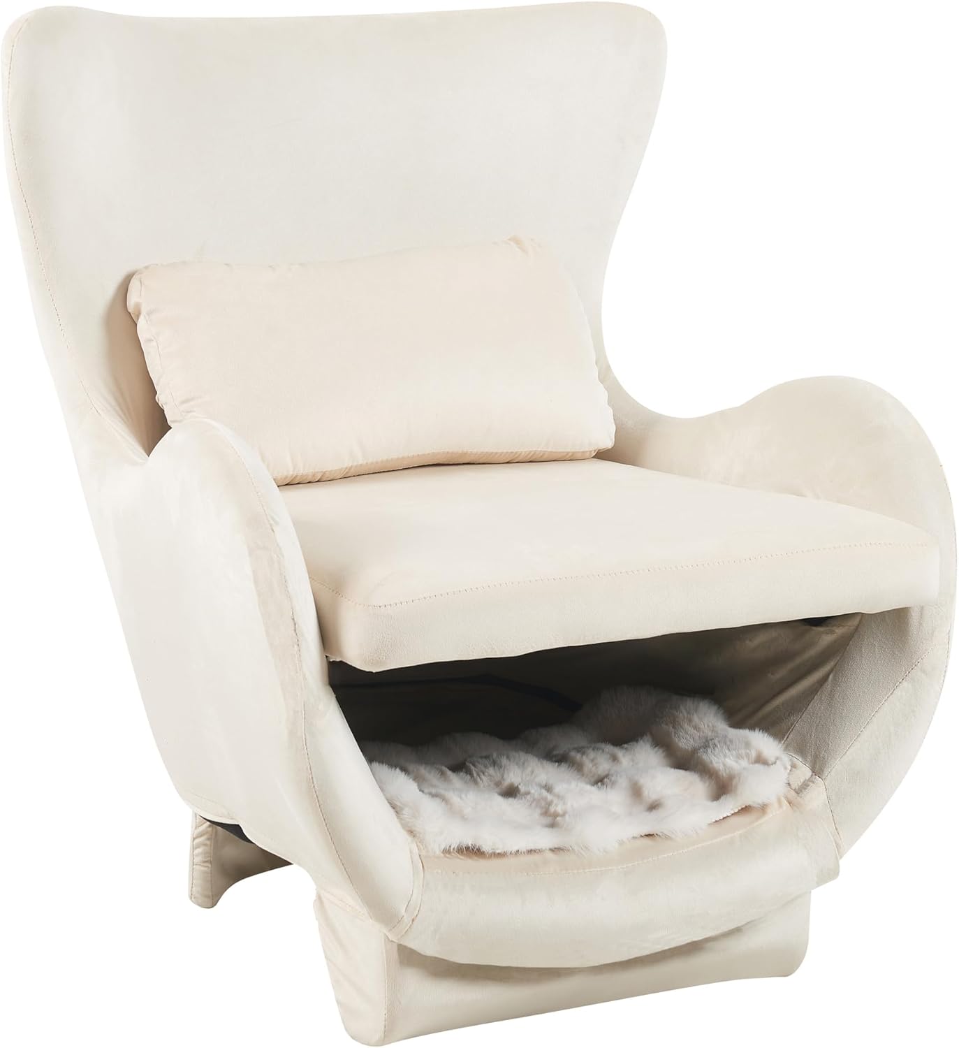 2 in 1 Pet Chair with Cat Bed, Modern Velvet Upholstered Accent Armchair, Ergonomic Single Sofa Lounge Chair with Sherpa Cushion for Living Room, Bedroom,Office,White