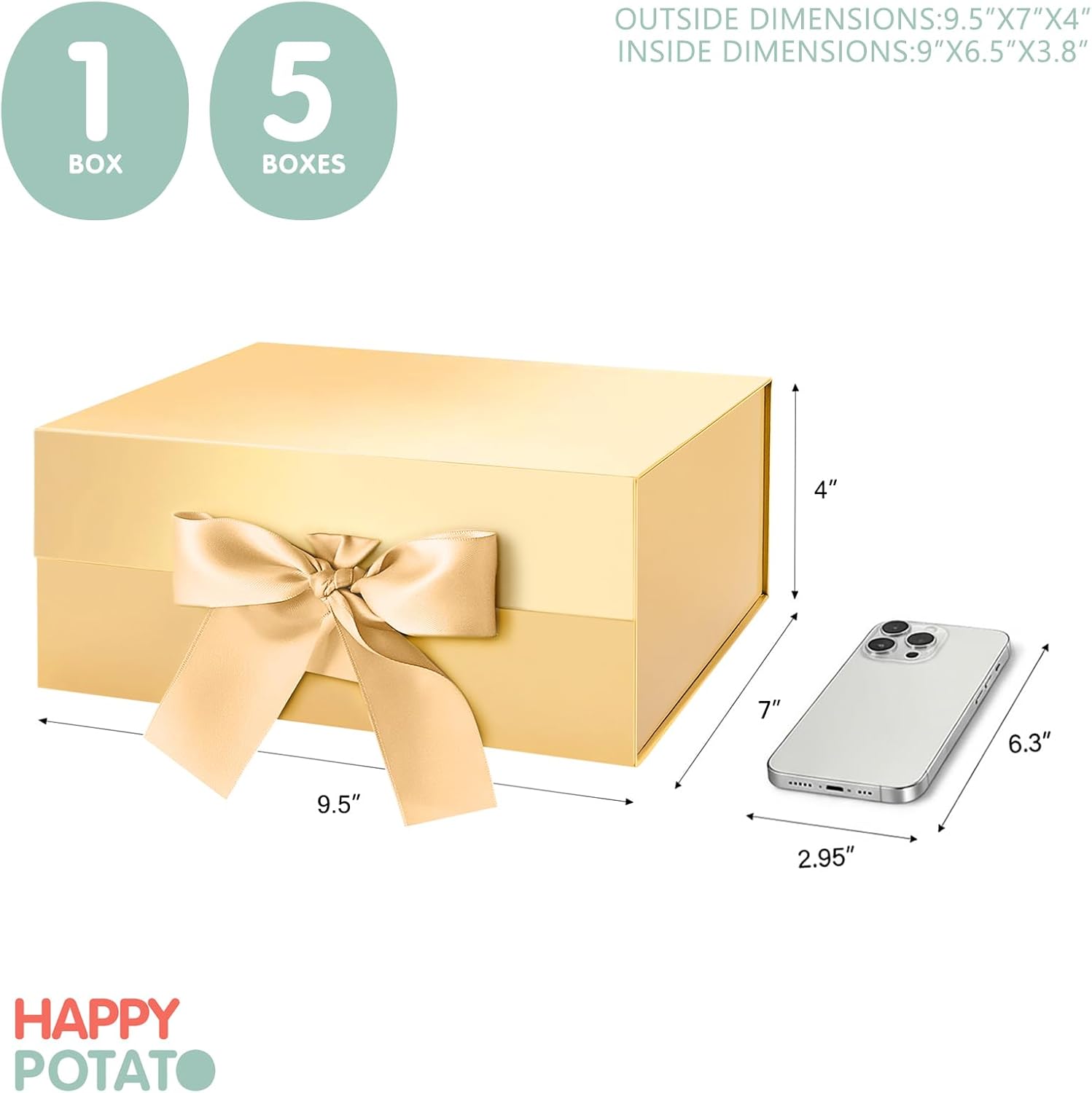 HAPPY POTATO 5 Gift Boxes with Ribbon 9x6.5x3.8 Inches, Gold Gift Boxes with Lids, Collapsible Boxes, Magnetic Closure Boxes for all occasion (Glossy Gold, Pack of 5)