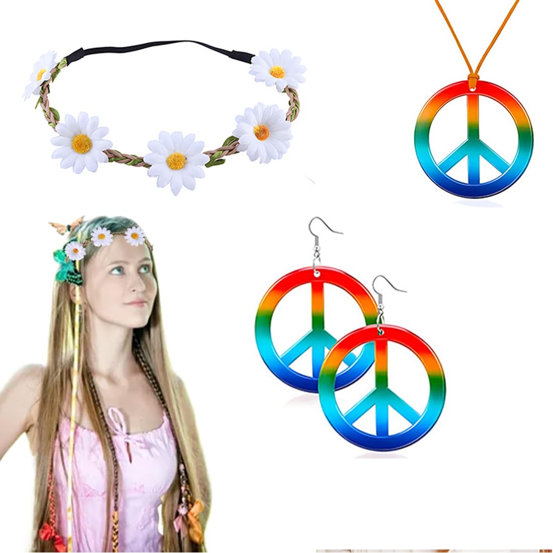 Hippie Costume Set for Women and Men 3 Pieces Including Peace Sign Necklace Earrings Sunflowers Headband for 60s 70s Retro Hippie Dress Accessories