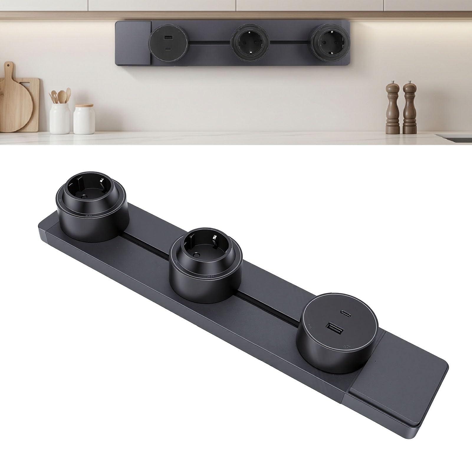 Ciabatta Elettrica, Ciabatta Elettrica Sotto Armadio con Porte USB, Installazione Semplice, da 40 Cm Montata a Parete in Lega di Alluminio per Ufficio, Hotel,