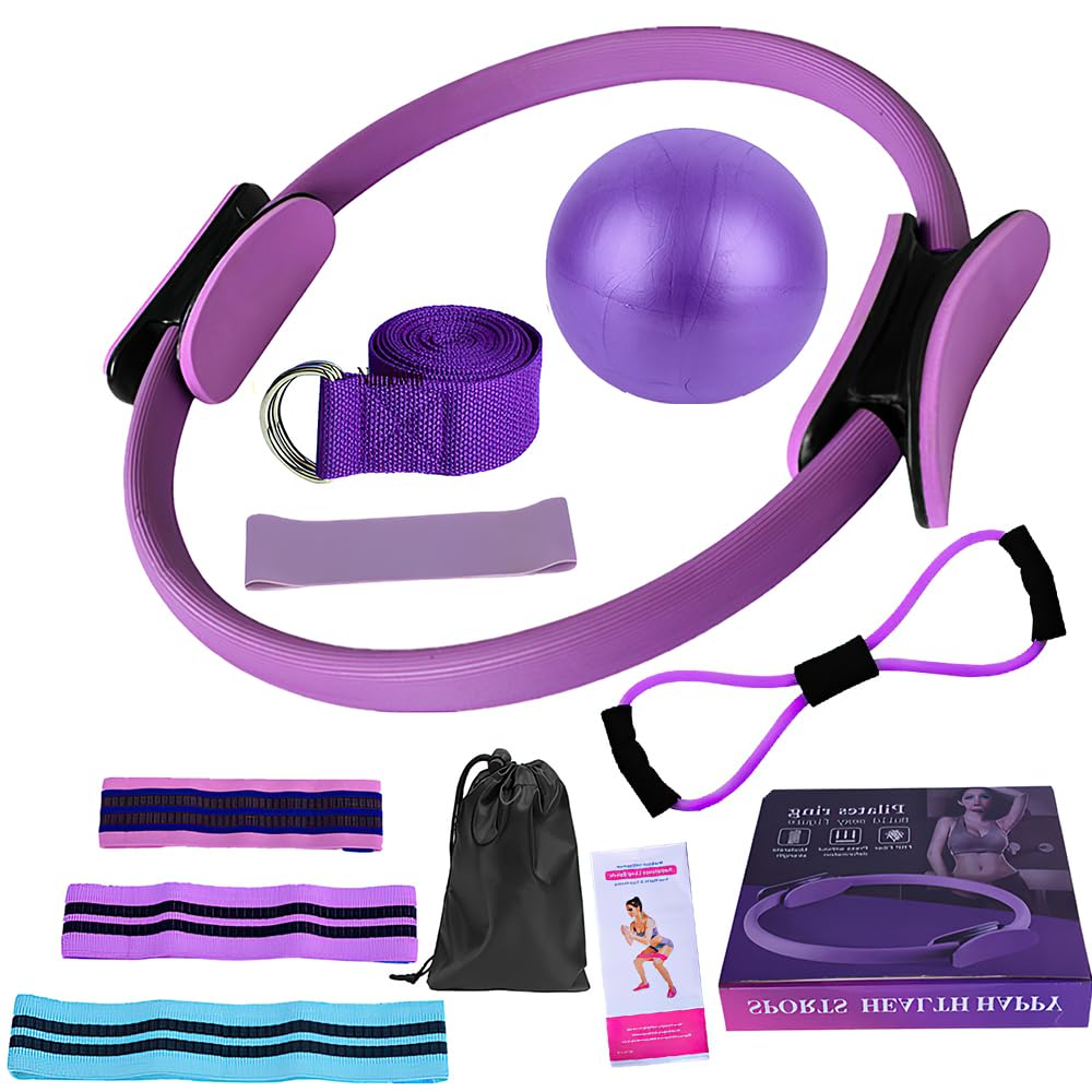 Pilates Set, 11 Teilige Pilates Zubehör, Yoga Set Mit Yoga Gurt Widerstandsring, Pilatesball, Stärken des Rumpfes Und Fitness, Für Bauch Beine Po Heimtraining Und Studio-Workout (Lila)