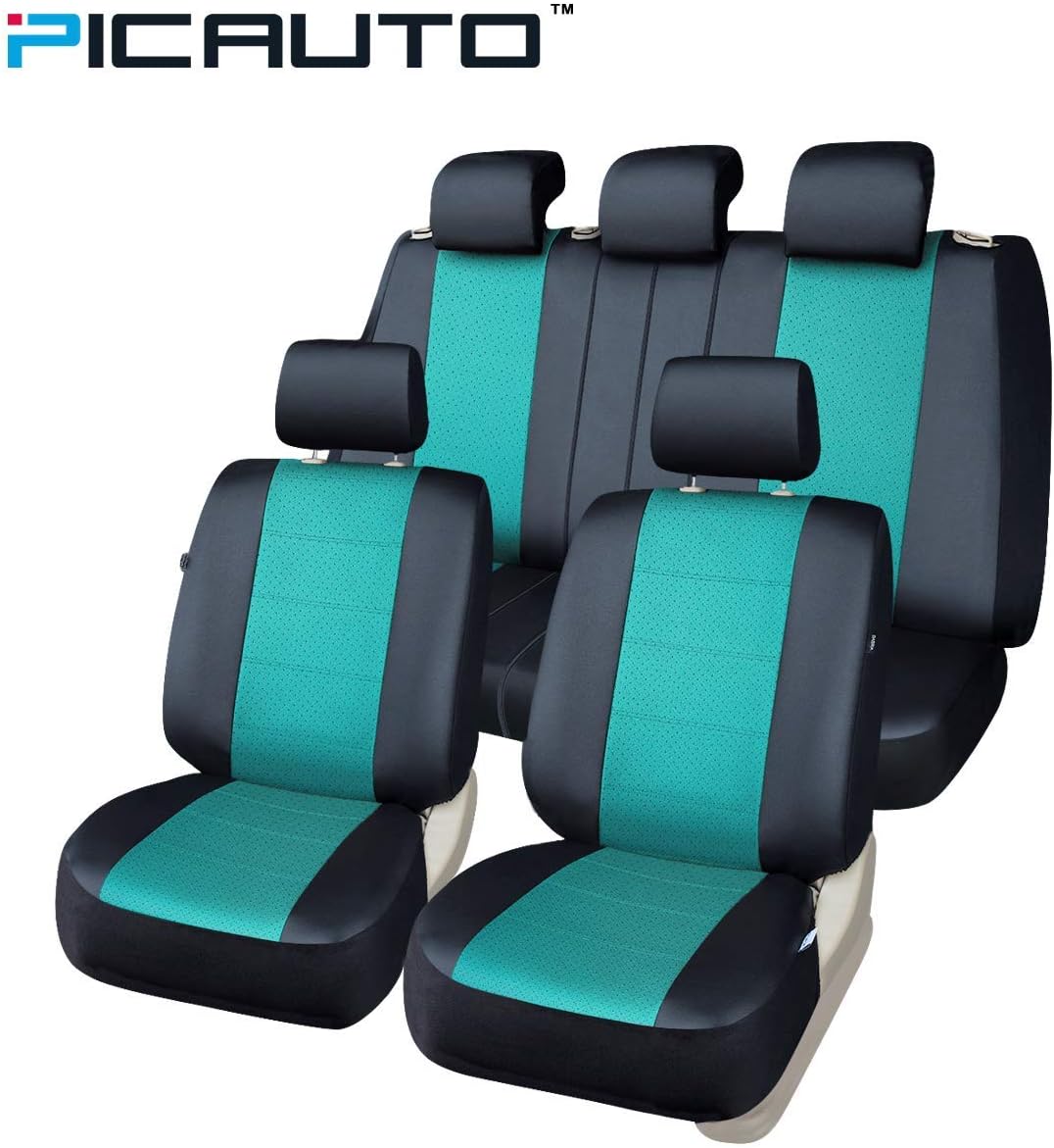 PICAUTO Car Seat Covers Set for Auto, Truck, Van, SUV - PU Leather, Airbag Compatible, Universal Fit (Light Blue, 9-Pieces)