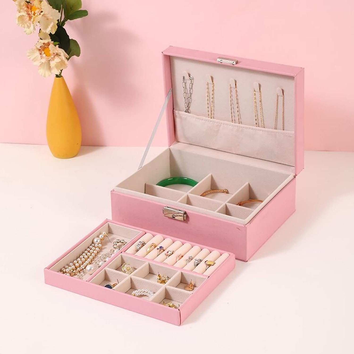 Large Jewelry Storage Box for Women Girls Double Layers Detachable Partition PU Jewelry Display Case for Necklace Ring