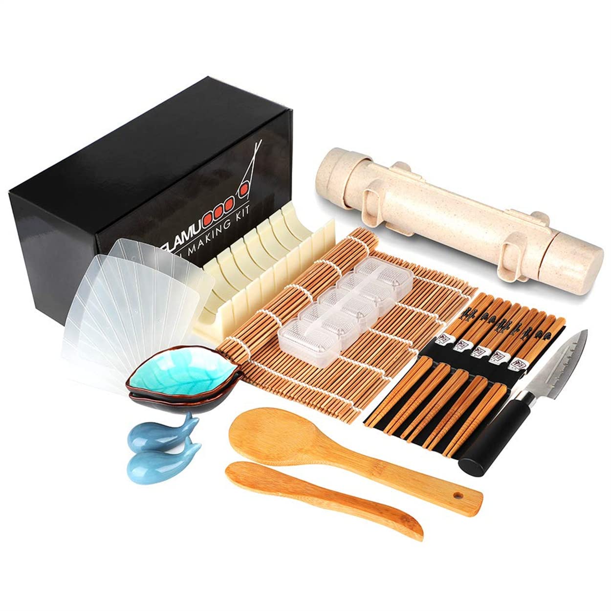 TOMVAES Sushi Making Kit,20 in 1 Sushi Bazooka Roller Kit with Guide Book,Bamboo Mats, Bazooka Roller,Rice Mould,Temaki Sushi Mats, Sushi Knife,Rice Paddle,Rice Spreader,Chopsticks,Sauce Dishes