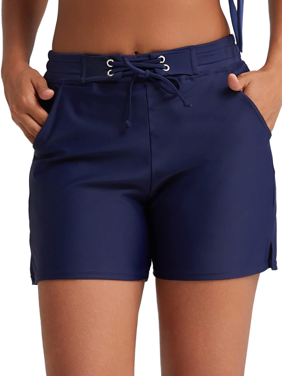 Swim Shorts Women High Waisted Swim Bottoms with Pocket Drawstring Board Shorts Bathing Suit Boy Short, Navy, X-Large-image-20