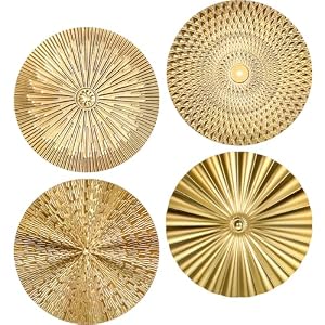 PercyEffie 12 Inch Metal Wall Art Decor, 4 Pcs Gold Starbursts Radial Plate Wall Art Modern Accent Hanging Wall Decorations for Home Living Room Office Gift for Christmas