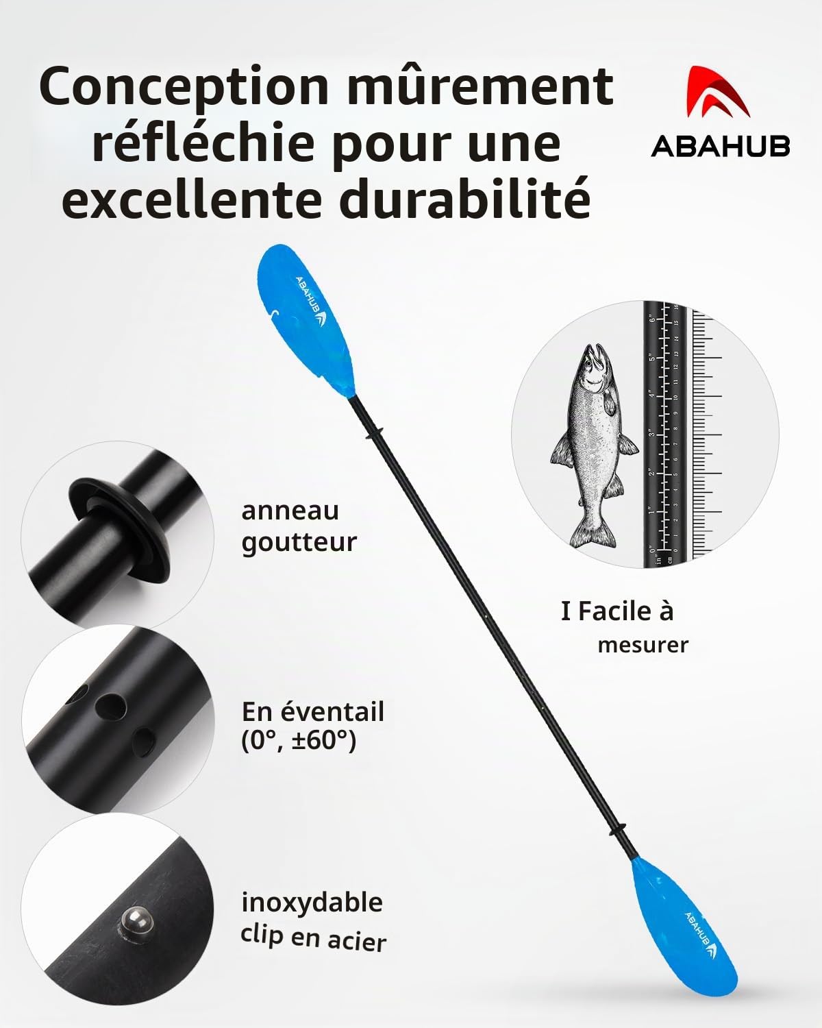 Abahub Pagaie de Kayak Réglable 240cm à 260cm Pagaie de Pêche en Aluminium Double Pagaie avec Laisse de Pagaie pour la Pêche en Kayak Tige en Alliage d’Aluminium Lames en Plastique