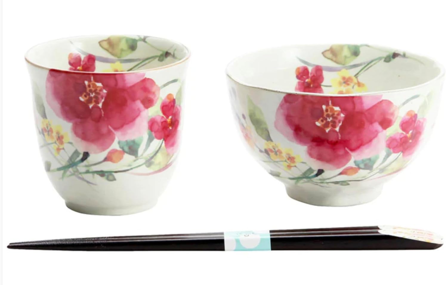 Japanese Mino Ware Ceramic Rice Bowl and Yunomi with Chopstick Set (Rice bowl, Yunomi, Anemone Japonica Floral Design)