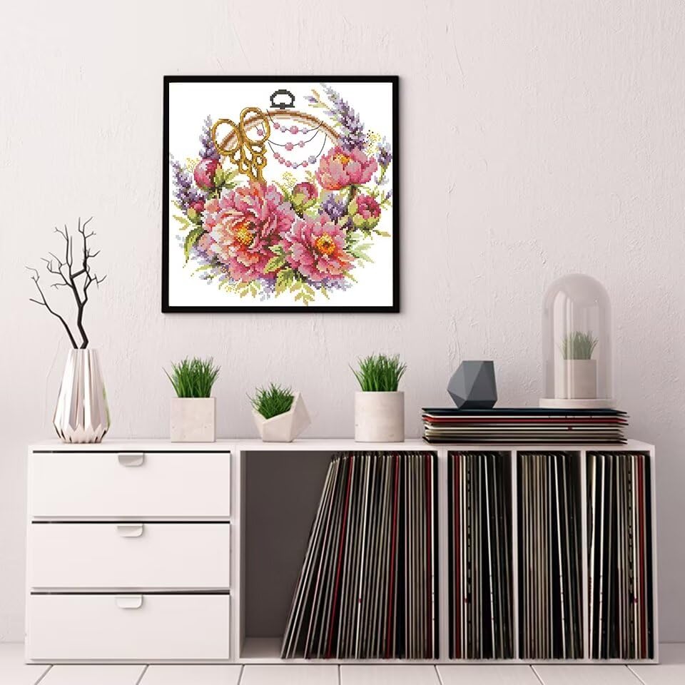 Image of ITSTITCH Stamped Cross Stitch Kits - Full Set of Embroidery for Beginners or Adults,14 CT 2 Strands DIY Peonies for Needlewoman Patterns Counted Arts Craft 12.6x12.6 inch
