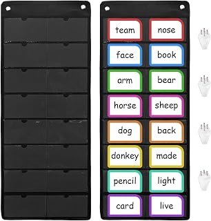 WADORN 2 Set Classroom Pocket Chart 37x13 Inch Black Wall Words Pockets with Nails Total 32 Slots Reusable Standard Hanging Storage Pockets for Classroom Teaching Letter Card Schedule Homework Display