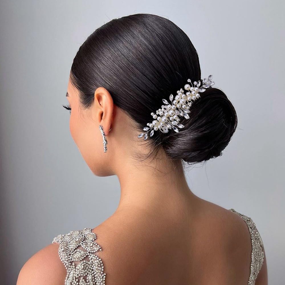 Pettine per capelli da donna con perle argentate e cristalli, accessorio per capelli con strass per spose e damigelle d'onore