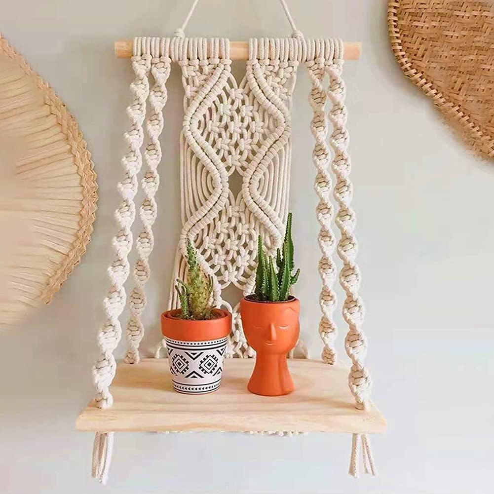 Macrame Wall Hanging Plant Decor Shelf Indoor Outdoor Floating Wood Shelve Decorative Hand Made Rope Boho Shelving For Plants, White