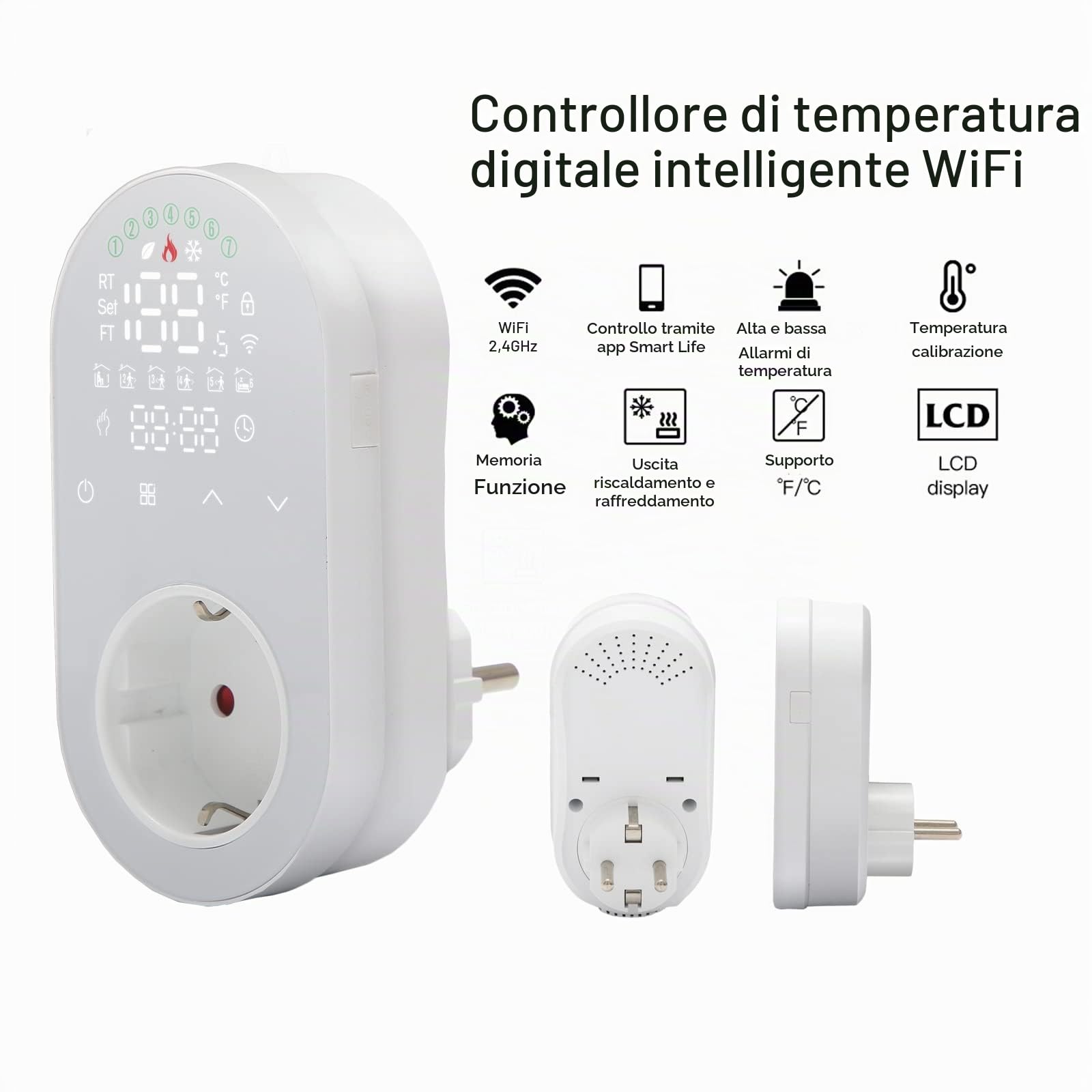 Presa Termostato Digitale di Raffreddamento e Riscaldamento, Termostato con Sonda,Presa con Termostato Wifi Alexa,Termostato Ambiente Programmabile,Cronotermostato Smart Wifi