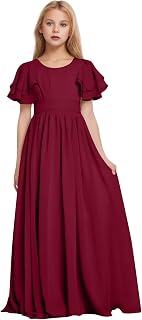 Flower Girl Dress A-Line Flowy Junior Bridesmaid Dresses Ruffle Sleeve Chiffon Maxi Formal Evening Belt