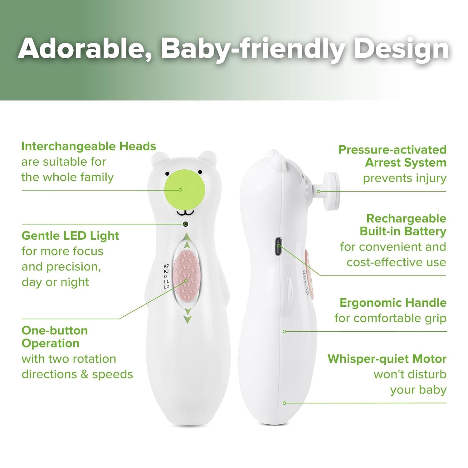 Haakaa Happii Bear - Juego de cortaúñas recargable – Cortauñas eléctrico para bebé – Cortauñas para bebé/lima de uñas para bebé – Silencioso y luces LED
