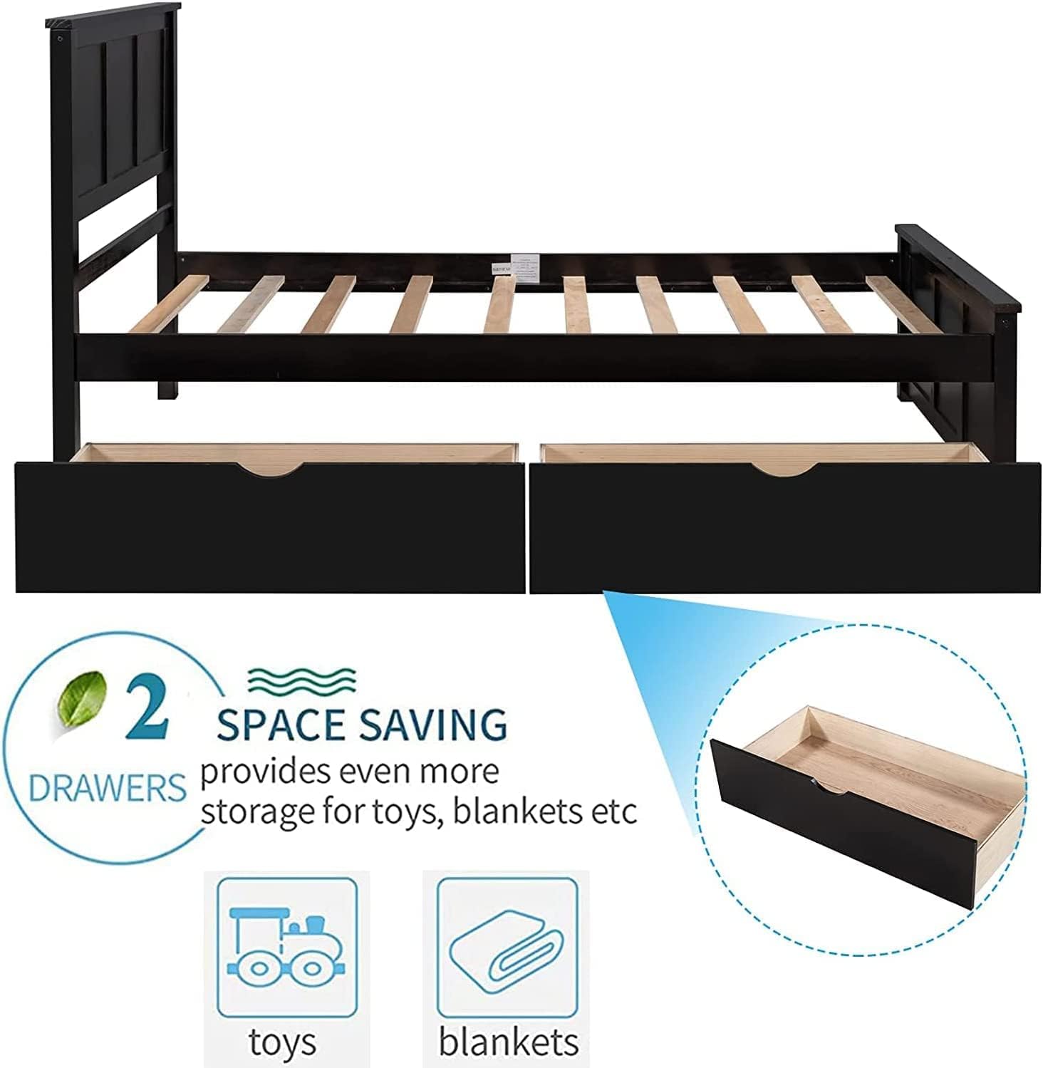 CITYLIGHT Twin Bed Frame with Drawers , Kids Frame, Wood Platform Headboard Storage ,No Box Spring Needed ,Espresso