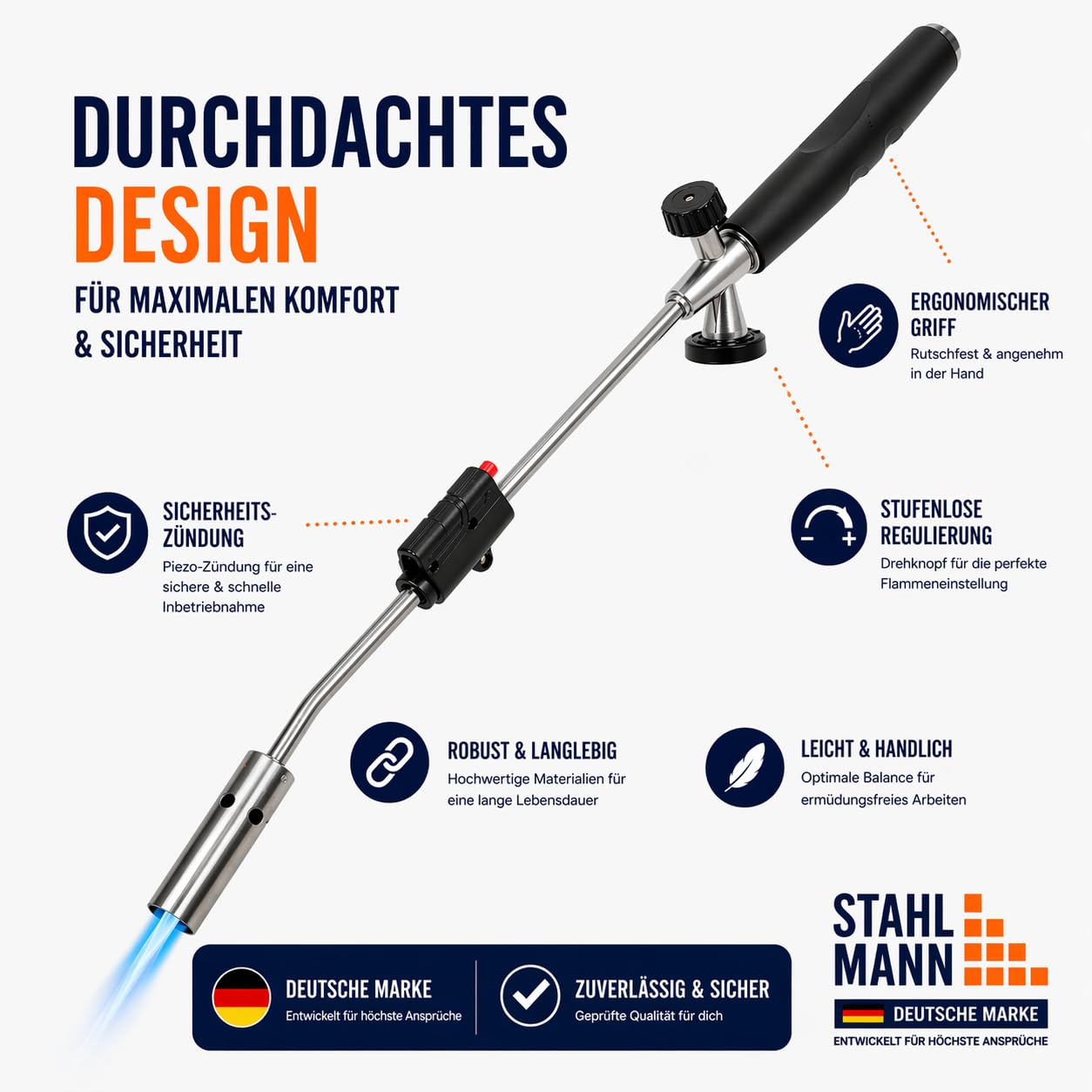 STAHLMANN®Unkrautvernichter inkl. Gaskartuschen - stabiler Unkrautbrenner mit Piezozündung stufenlos regulierbar – Unkrautentferner Gerät mit ergonomischen Griff (4 Kartuschen)